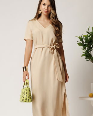 Rochie midi bej din tencel cu croi drept si cordon in talie