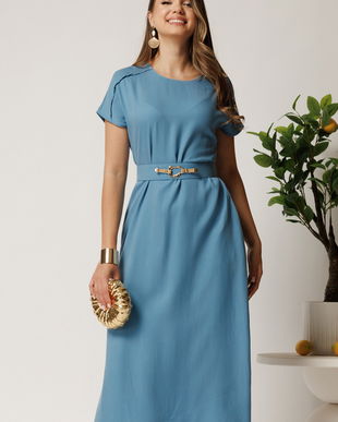 Rochie midi bleu din tencel cu croi evazat si curea in talie