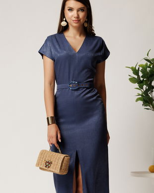 Rochie midi bleumarin din viscoza cu aspect sidefat si curea in talie