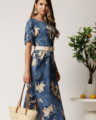 Rochie midi albastra din tencel cu imprimeu bej si curea in taliea