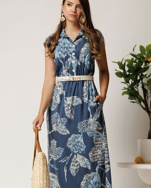 Rochie midi bleumarin cu imprimeu bleu din tencel cu elastic si curea in talie