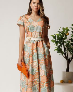 Rochie midi portocalie din bumbac in clos cu imprimeu geometric turcoaz si cordon in talie