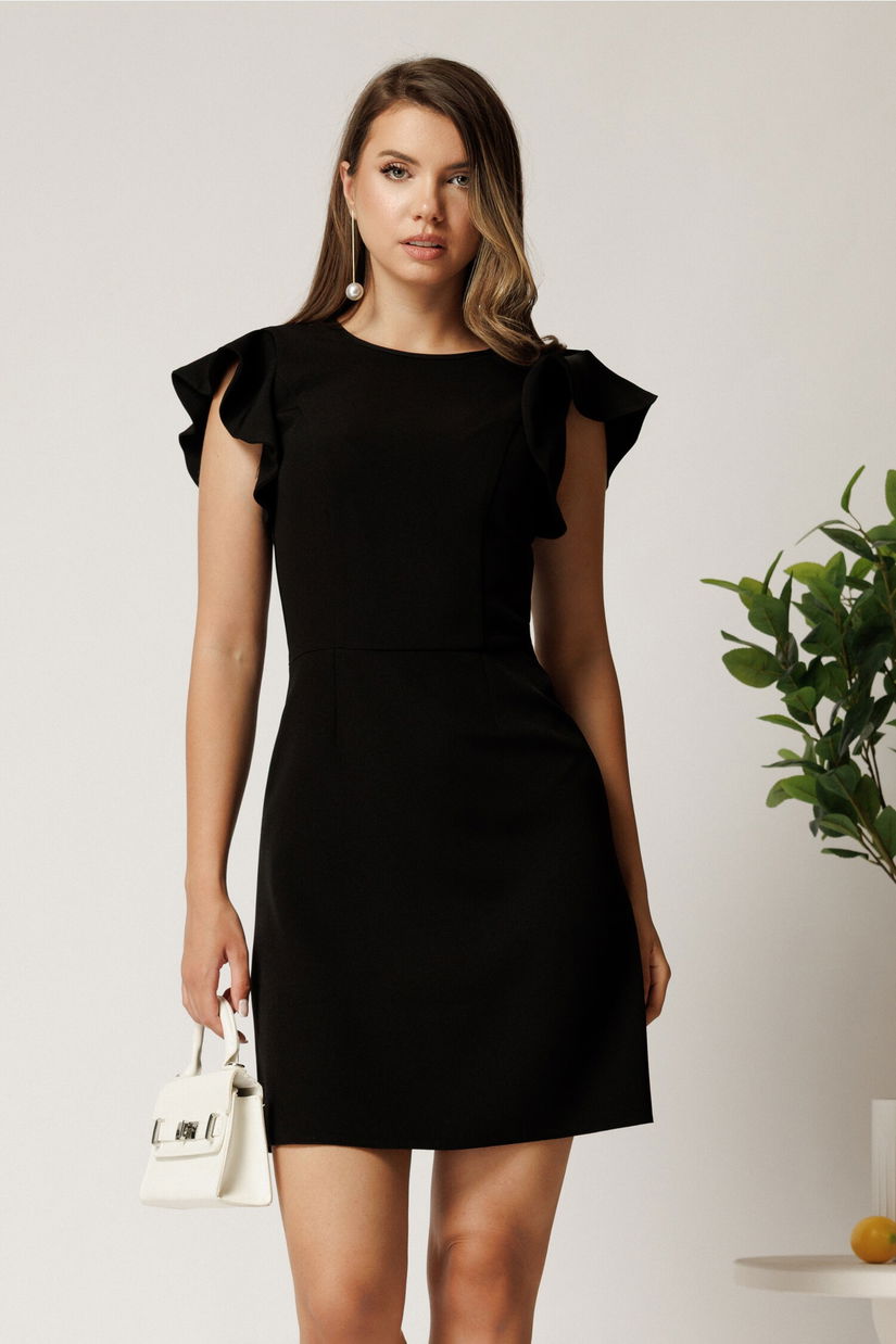 Rochie scurta neagra din stofa cu funda maxi la spate