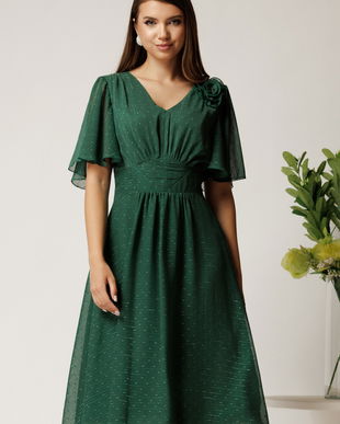 Rochie midi verde din voal cu picatele si insertii din fir lurex