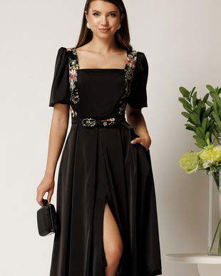 Rochie Valeria midi neagra din satin cu broderie florala si paiete la bust