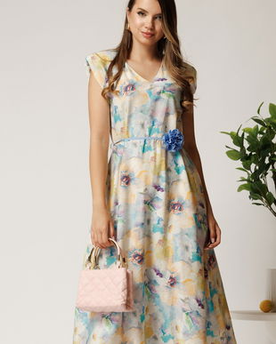 Rochie midi bleu din viscoza cu imprimeuri galbene in clos cu floare in talie