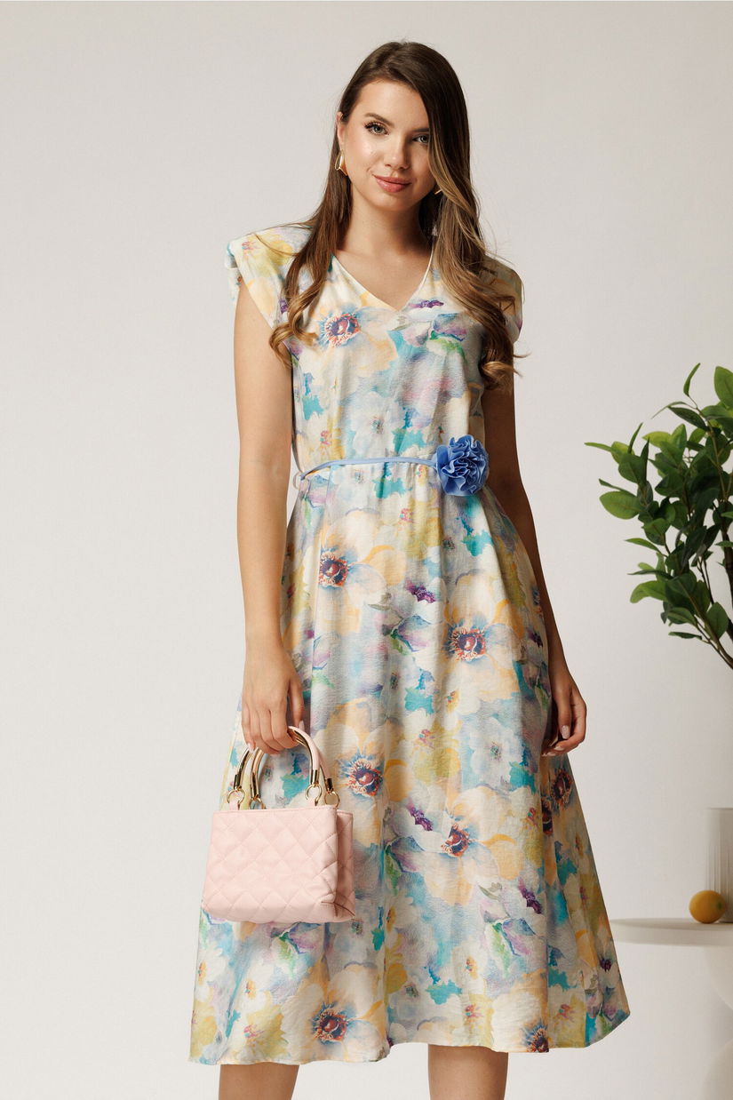Rochie midi bleu din viscoza cu imprimeuri galbene in clos cu floare in talie