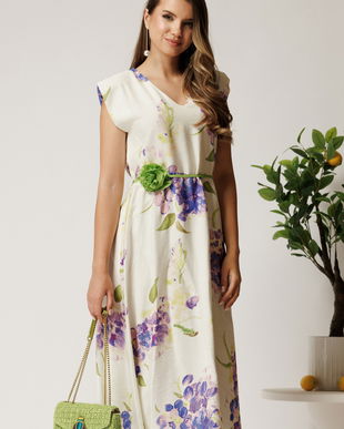 Rochie midi alba din viscoza cu imprimeuri mov in clos cu floare in talie