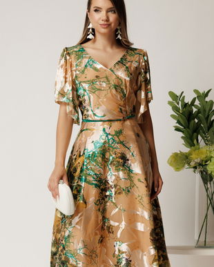 Rochie midi bej din matase in clos cu imprimeuri verzi