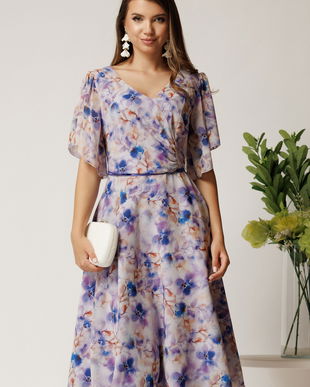 Rochie midi lila din voal in clos cu imprimeuri albastre