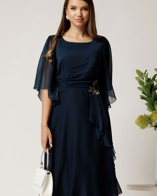 Rochie midi bleumarin din voal in clos cu broderie florala pe talie