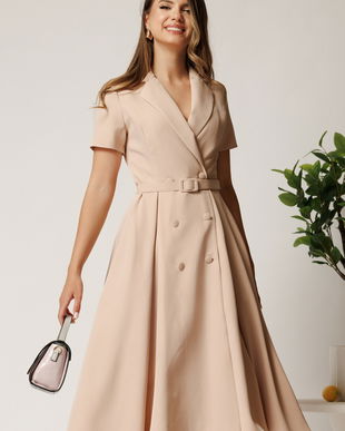 Rochie DY Fashion din stofa bej cu nasturi si curea in talie