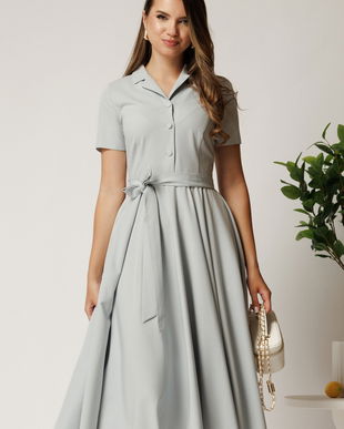 Rochie DY Fashion midi gri din stofa subtire cu cordon si buzunare