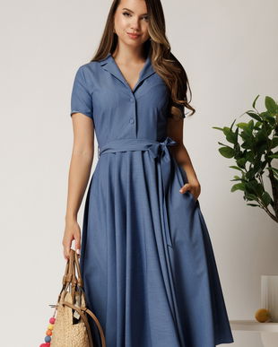 Rochie DY Fashion midi bleumarin din stofa subtire cu cordon si buzunare