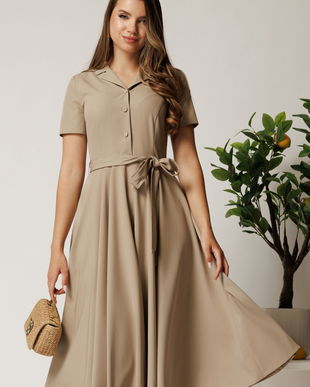 Rochie DY Fashion midi bej din stofa subtire cu cordon si buzunare