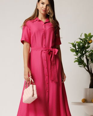 Rochie midi fucsia din bumbac in clos cu cordon in talie