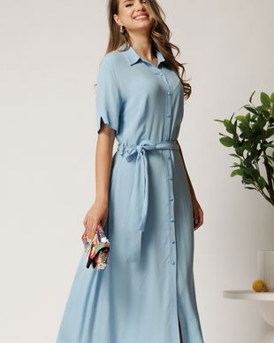 Rochie midi bleu din bumbac in clos cu cordon in talie