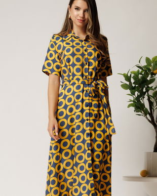 Rochie midi bleumarin din bumbac in clos cu cercuri galbene si cordon in talie