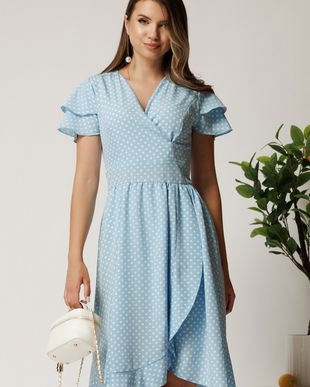 Rochie midi bleu cu buline din triplu voal in clos cu volane la maneci