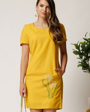 Rochie scurta galbena din in cu broderie florala pe fusta