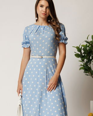 Rochie midi bleu din viscoza in clos cu buline si curea in talie