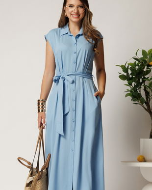 Rochie midi bleu din viscoza cu nasturi si cordon