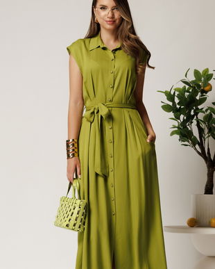 Rochie midi verde lime din viscoza cu nasturi si cordon