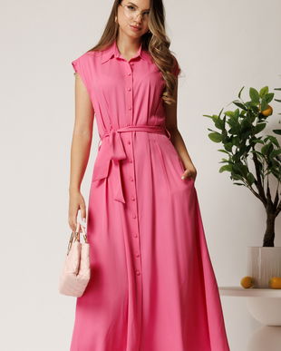 Rochie midi fucsia din viscoza cu nasturi si cordon
