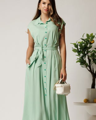Rochie midi verde mint din viscoza cu nasturi si cordon