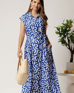 Rochie midi albastra din viscoza cu imprimeu alb si cordon