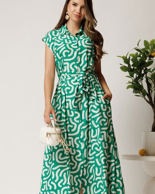 Rochie midi verde din viscoza cu imprimeu alb si cordon