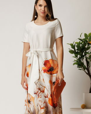 Rochie midi alba din satin cu imprimeu floral la baza si cordon in talie