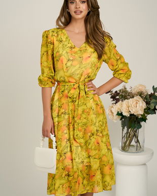 Rochie midi galbena din voal in clos cu imprimeu si cordon in talie