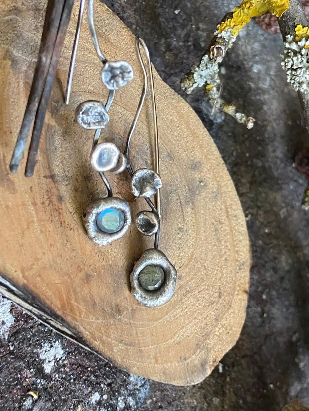 Cercei lungi din argint 925 oxidat, organici, cu pietre de labradorit