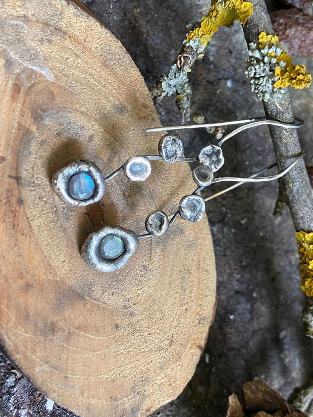 Cercei lungi din argint 925 oxidat, organici, cu pietre de labradorit