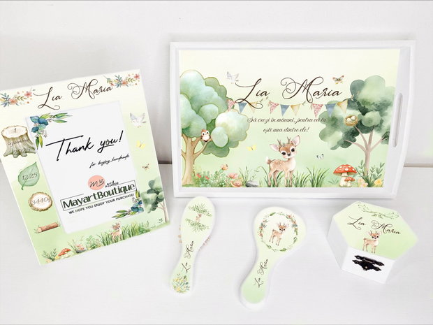 Set aniversar personalizat 1 anisor - Baby deer - Tavita turta si accesorii