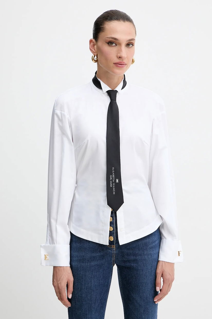 Elisabetta Franchi cămașă din bumbac culoarea alb, cu guler stand-up, relaxed, CA09156E2
