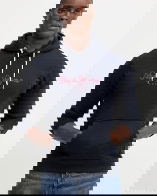 Pepe Jeans bluză culoarea bleumarin, cu glugă, cu imprimeu, PM5800009