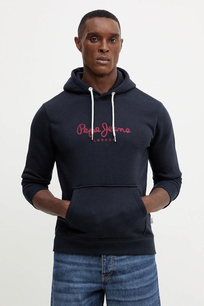 Pepe Jeans bluză culoarea bleumarin, cu glugă, cu imprimeu, PM5800009