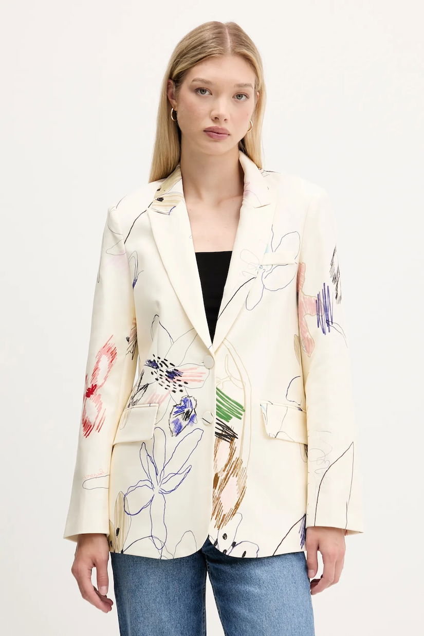 Desigual sacou ARTY culoarea bej, un singur rând de nasturi, cu imprimeu, 25WWEW21