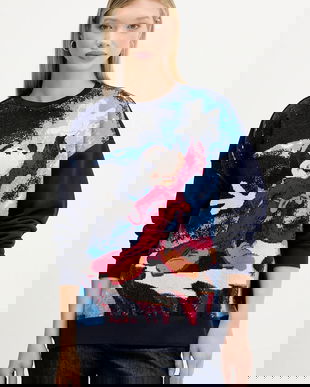 Desigual bluză FANTASY MICKEY culoarea bleumarin, cu imprimeu, 25WWSK15