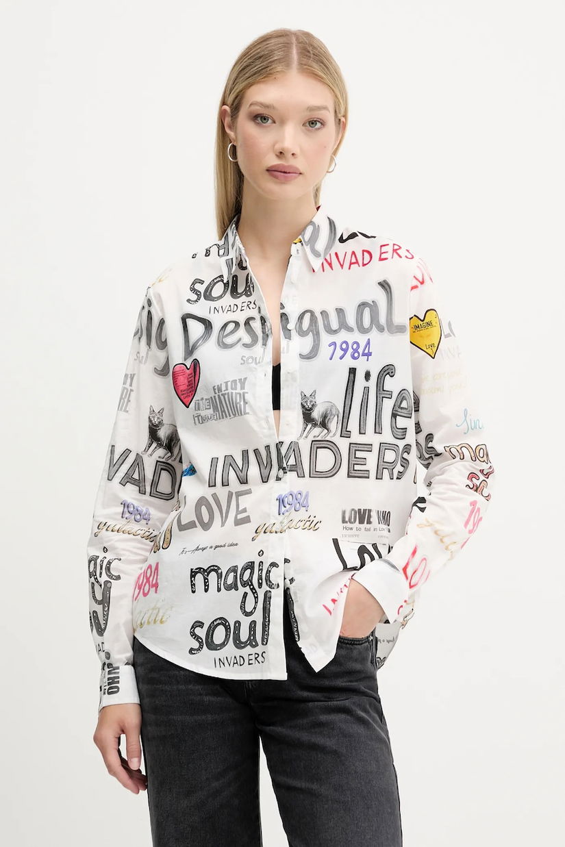 Desigual cămașă din bumbac SOUL culoarea gri, cu guler clasic, relaxed, 25WWCW10