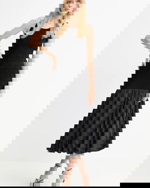 Bardot rochie culoarea negru, midi, evazați, 59988DB