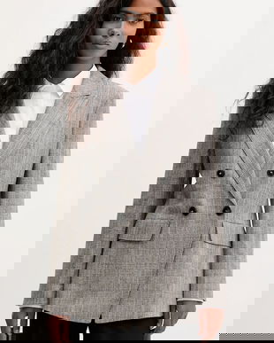 Marella sacou din lână culoarea bej, cu doua rânduri de nasturi, cu imprimeu, 2523046081200