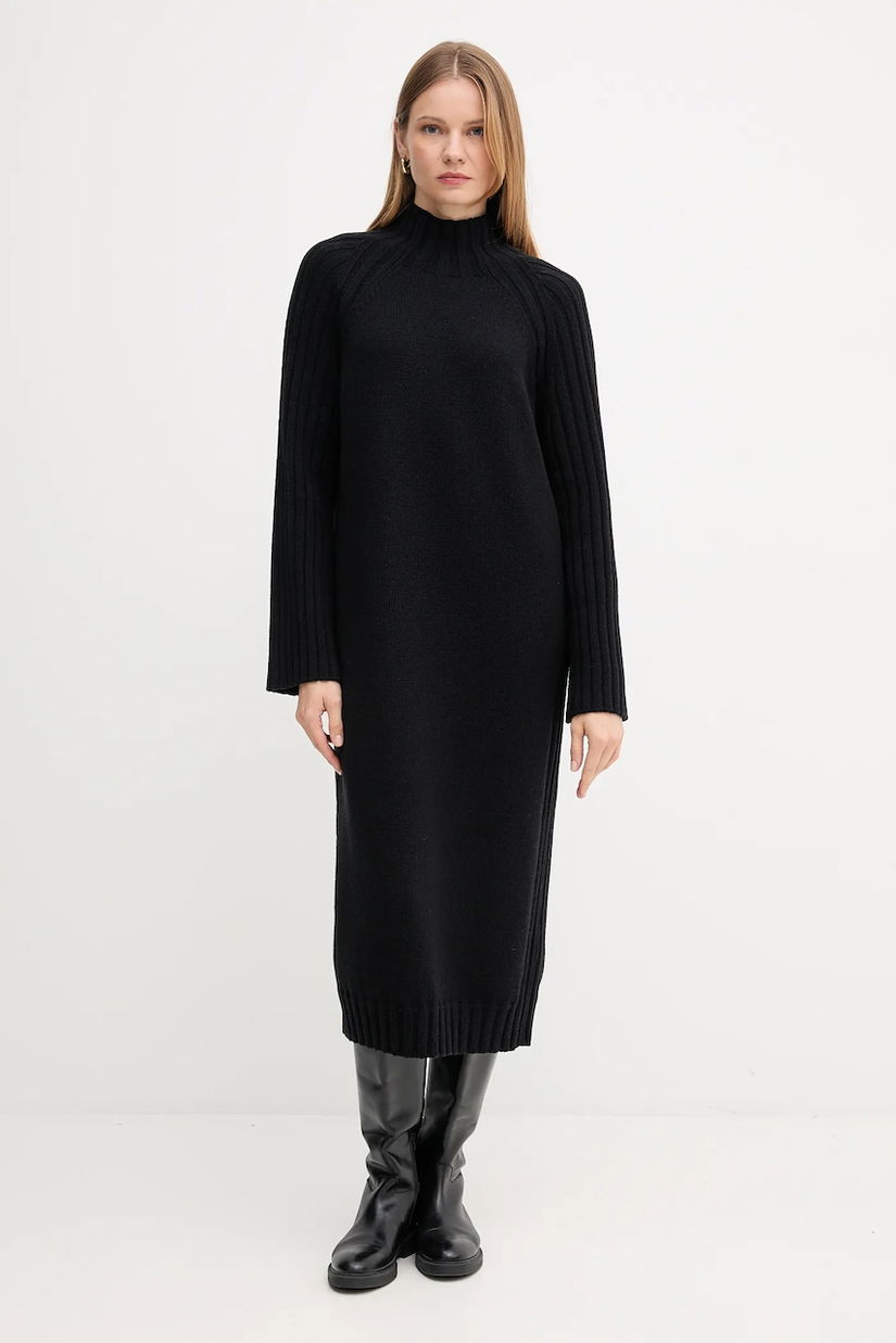 Barbour rochie din lână VERA culoarea negru, midi, drept, LDR0940