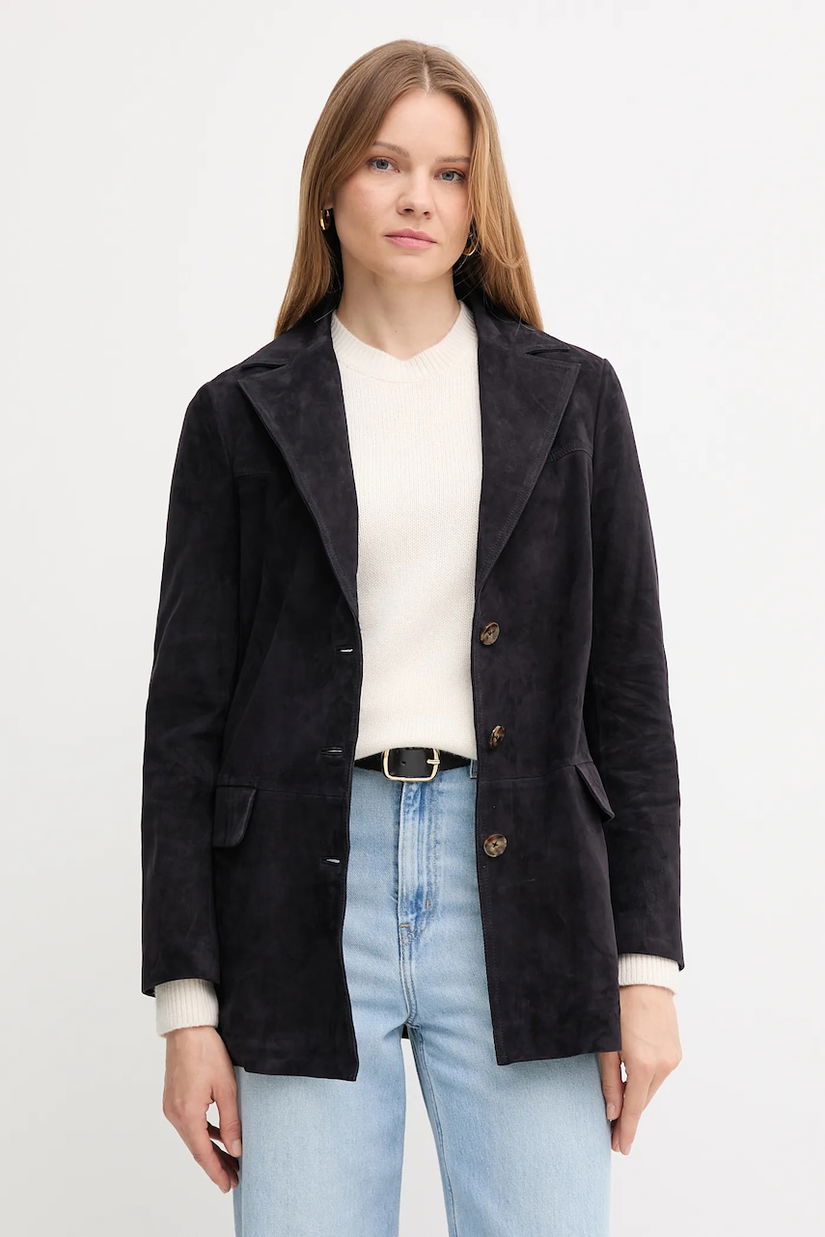 Pedro del Hierro geacă de piele întoarsă culoarea bleumarin, un singur rând de nasturi, uni, 5492121