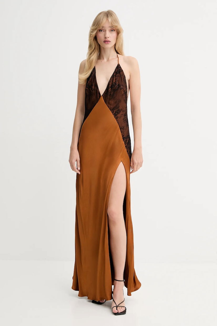 Bardot rochie culoarea maro, maxi, evazați, 59977DB