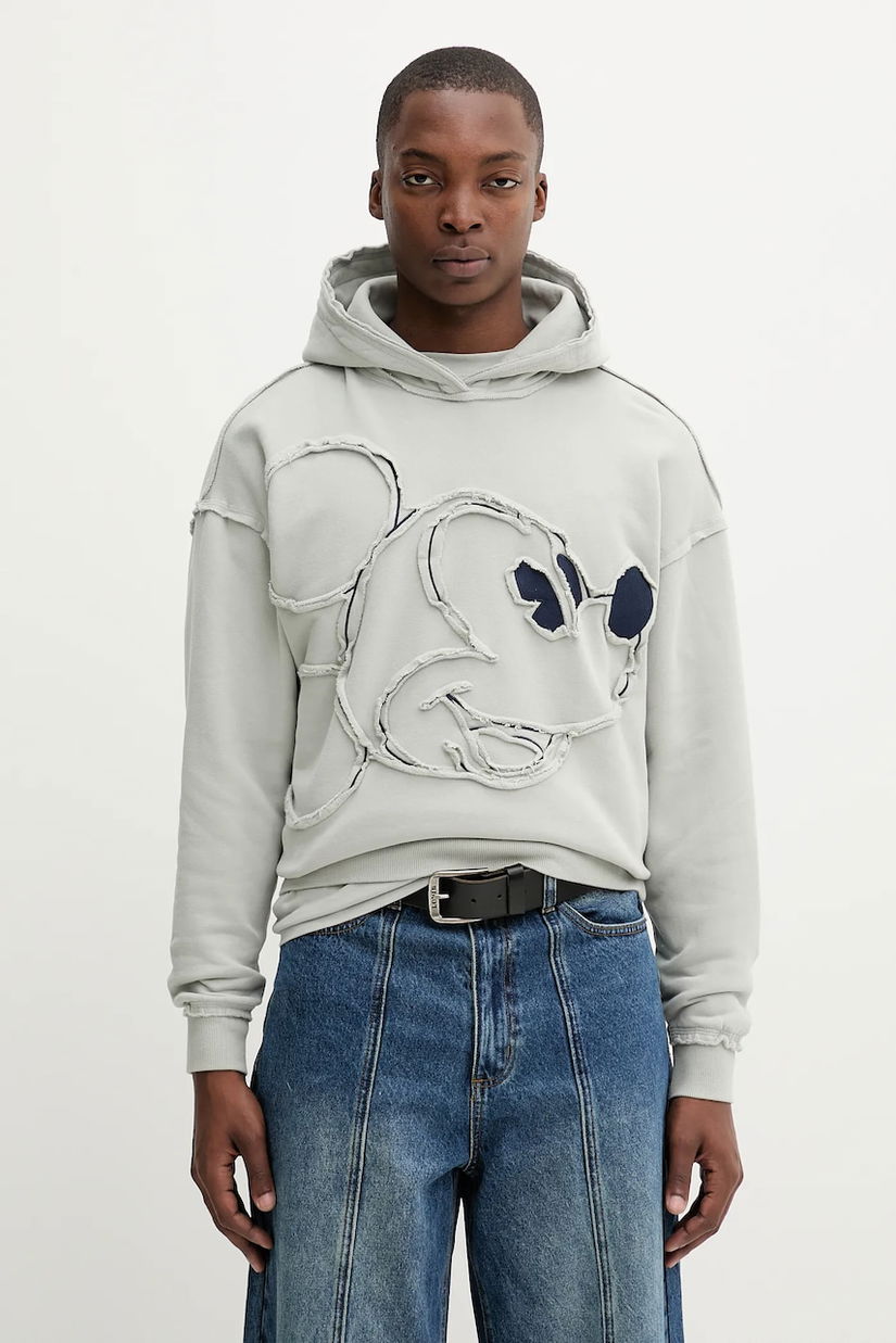 Desigual hanorac de bumbac SHEFFIELD MICKEY culoarea gri, cu glugă, cu imprimeu, 25WMSK08