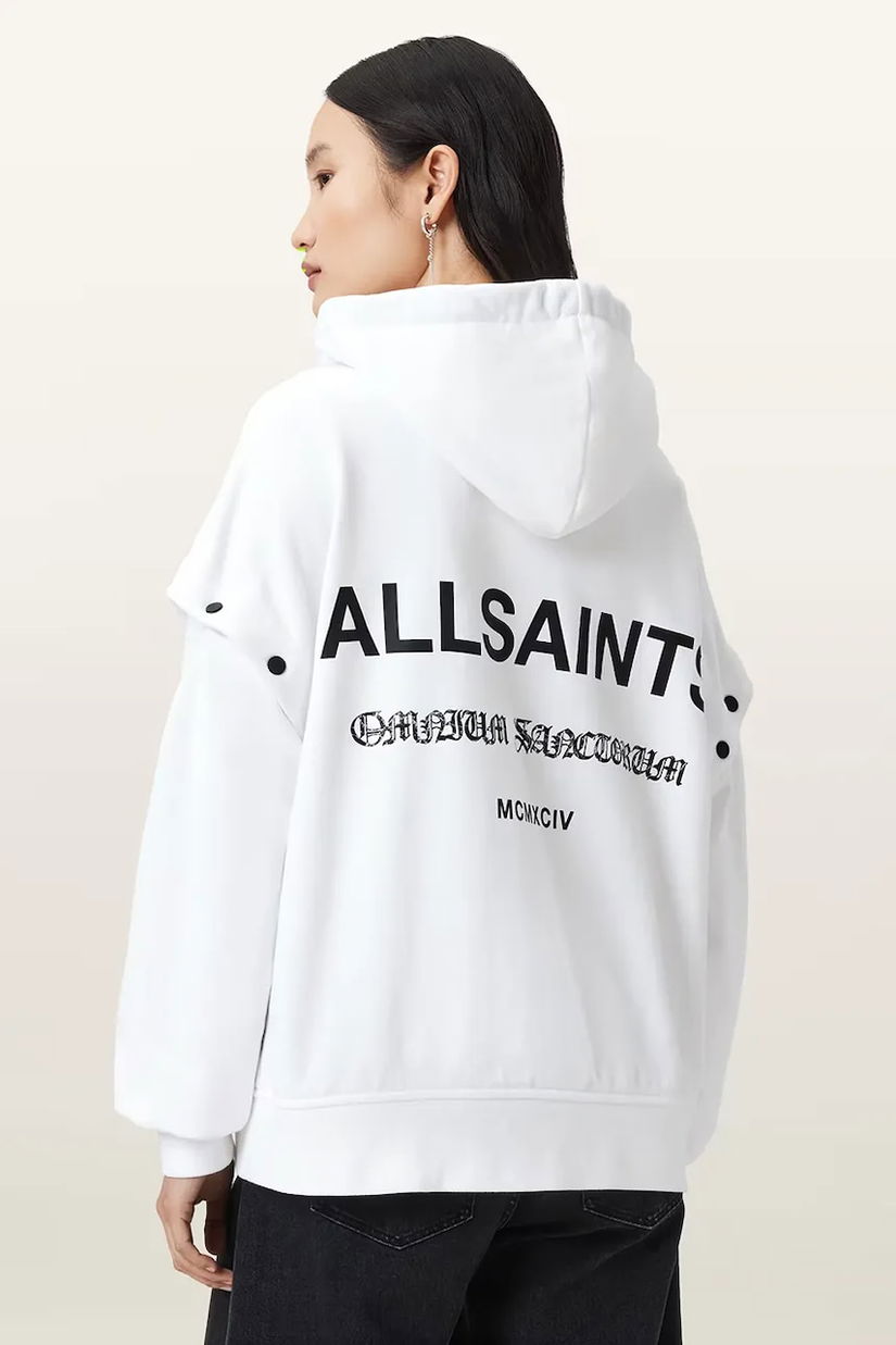 AllSaints hanorac de bumbac OMNIUM culoarea alb, cu glugă, uni, W268JB