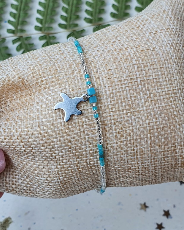 Anklet gri / turcoaz cu charm steluță de mare
